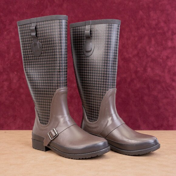 LL Bean Wellie Women Hound Brown Rubber Rain Wellie Knee Boots sz 8 - Picture 1 of 9